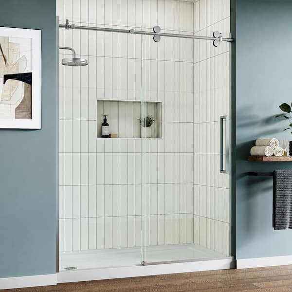 56 in.-60 in. W x 76 in. H Sliding Frameless Shower Door in Brushed Nickel with 5/16 in. (8 mm) Cleancoat Glass