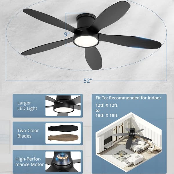 52 in. Low Profile Integrated LED Indoor Matte Black Ceiling Fan with Universal Remote For Bedrooms