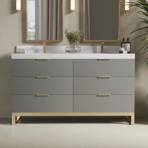 Urban Woodcraft Haldon 60 in. W x 22 in. D x 33.5 in. H Double Bath Vanity in Gray with White Quartz Counter Top with White Basin