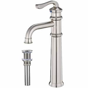 Single Handle Bathroom Vessel Sink Faucet Single Hole Brass High Tall Faucets with Pop-Up Drain Kit in Brushed Nickel