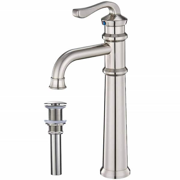 FLG Single Handle Bathroom Vessel Sink Faucet Single Hole Brass High Tall Faucets with Pop-Up Drain Kit in Brushed Nickel