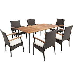 7-Piece Wicker Patio Outdoor Dining Set with Off-White Cushions, Umbrella Hole, Wood Armrest