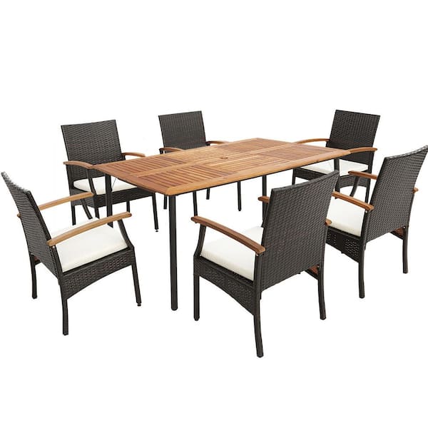 ANGELES HOME 7-Piece Wicker Patio Outdoor Dining Set with Off-White Cushions, Umbrella Hole, Wood Armrest