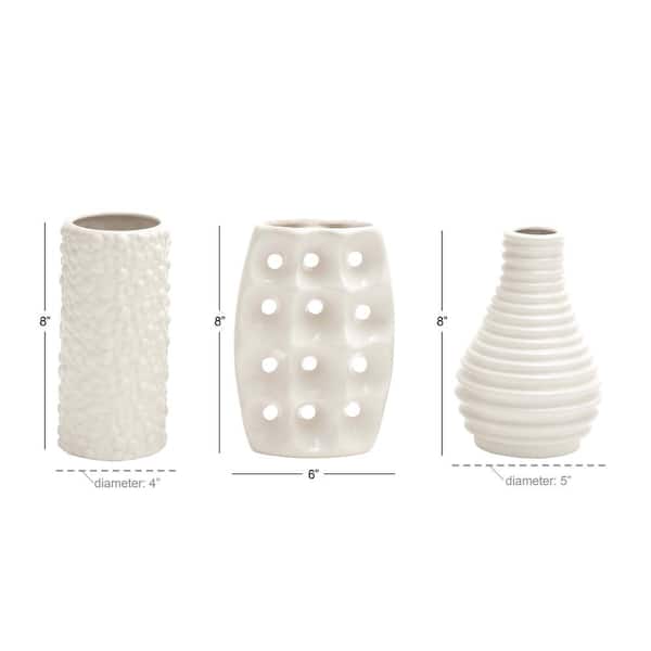 5 in., 8 in. White Ceramic Decorative Vase with Varying Patterns (Set of 3)