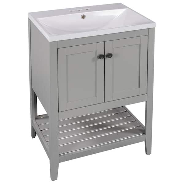 Polibi 23.70 in. W x 17.80 in. D x 33.60 in. H Gray Modern Bathroom Vanity Ceramic Sink Top with Solid Wood Frame Shelf