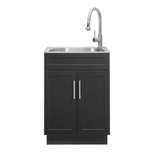 All-in-One Stainless Steel 24 in Laundry Sink with Faucet and Storage Cabinet in Black