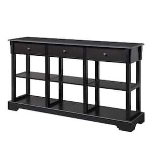 58 in. Black Rectangle MDF Console Table with 3-Drawers and Shelves