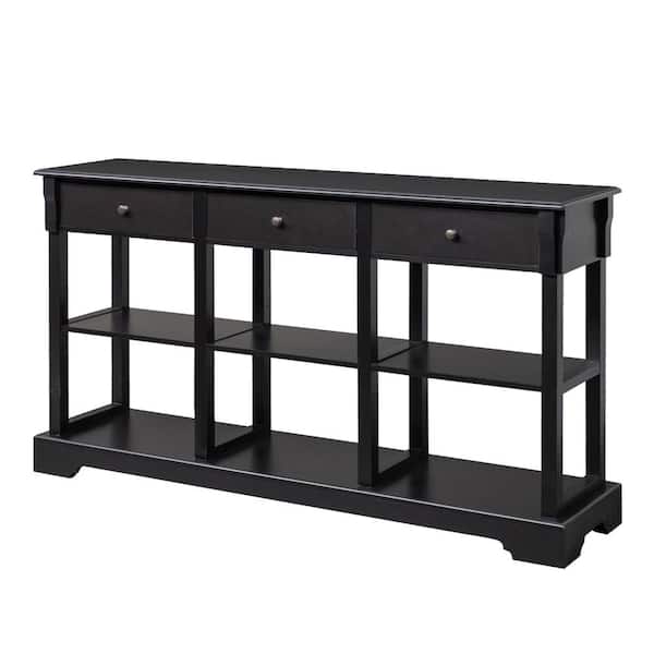 Karl home 58 in. Black Rectangle MDF Console Table with 3-Drawers and Shelves