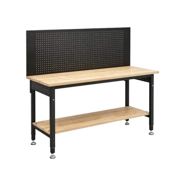 Heavy Duty Bamboo Wood Steel Workbench, Sturdy Workshop for Home Office