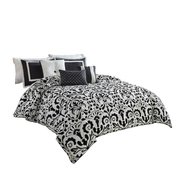 Benjara 7- Piece Black and White Medallion Polyester King Comforter Set