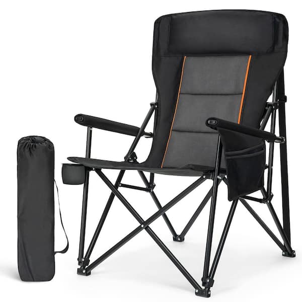 Oversize Folding Camping Chair with High Back Cup Holder Side Pocket in Black