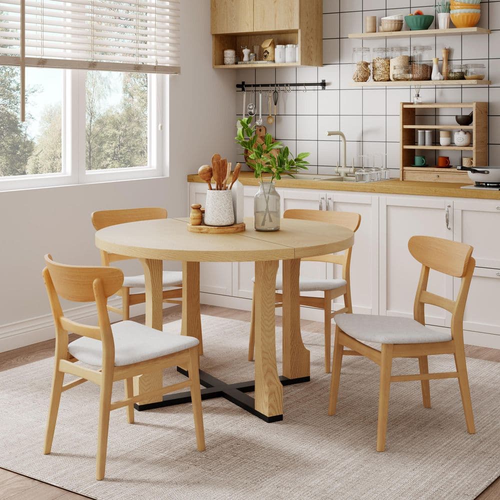 Prairie Modern 5-Piece Round Wood Top Dining Table Set with 4 Side Chairs, Light Beige Plus Natural Oak, Seats 4