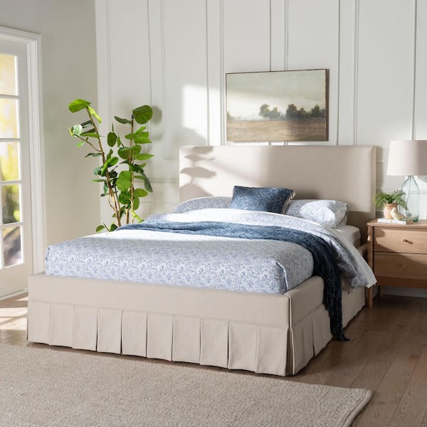 Astin Beige Fabric and Wood Frame Queen Platform Bed