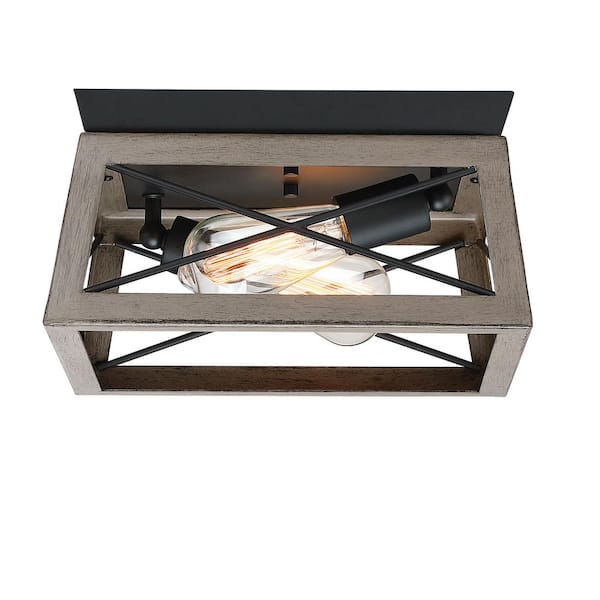 Avex 12 in. 2-Light Matte Black and Anchor Grey Oak Accents Semi-Flush Mount with Cage Shade and No Bulbs Included