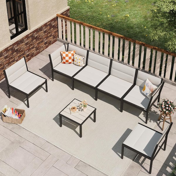 7 Pieces Cotton-Filled Textilene Fabric Outdoor Patio Furniture, Metal Sectional Conversation Sets with Table in White
