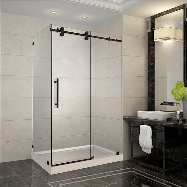 Aston Langham 48 in. x 35 in. x 77.5 in. Frameless Corner Sliding Shower Door in Bronze, Right Drain