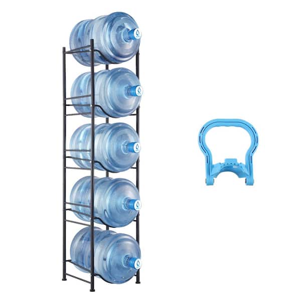 5 Tiers Water Jug Holder, 5 Gallon Water Bottle Holder, Single Row Water Bottle Rack for 5 Bottles Black
