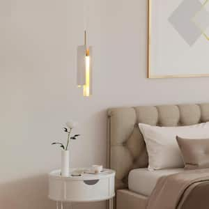 Welntscpia Modern Coastal 1-Light Matte White Cylinder Integrated LED Pendant Light with Goldleaf Shade for Bedroom