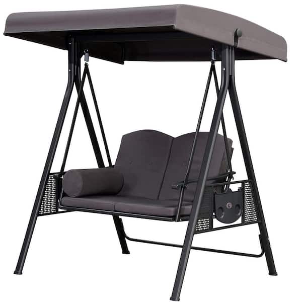 2-Person All-Weather Steel Frame Porch Swing Adjustable Tilt Canopy, Cushions and Pillow Included, Gray