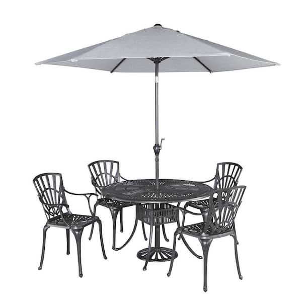 HOMESTYLES Grenada Charcoal Gray 5-Piece Cast Aluminum 42 in. Round Outdoor Dining Set with Umbrella