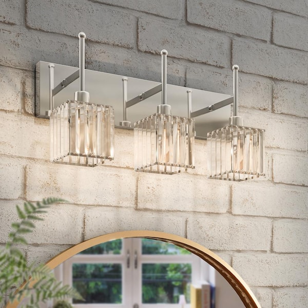 18.6 in. 3-Lights Chrome Modern Crystal Vanity Lights for Bathroom with Shades