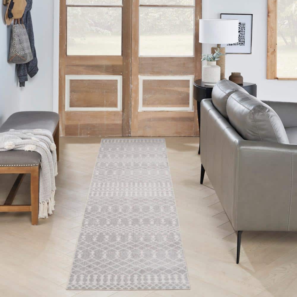 Gray and Ivory Synthetic Trellis Runner Rug 2'2" x 8'