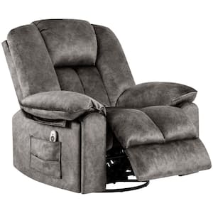 Grey Velvet Manual Swivel Rocker Heating Massage Chair Recliner with USB and Cup Holders
