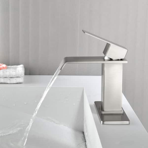Single Handle Single Hole Bathroom Faucet with Deckplate & Drain Included, Wide Spout Waterfall Faucet in Brushed Nickel