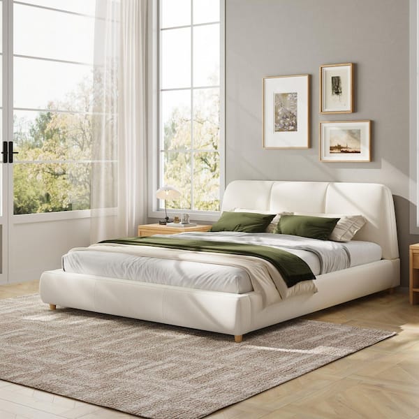 Luxe Modern White Linen Blend Upholstered Wood Frame Queen Size Platform Bed with Tufted Headboard