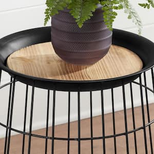Round Black Metal Decorative Basket with Wood Lid (Set of 2)