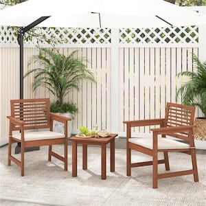 Natural 3-Piece Wood Patio Conversation Set with 2 White Seat Cushions