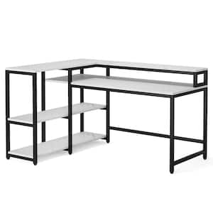 Ariana 55 in. L-Shaped Black Metal White Wood Top Corner Computer Desk with Monitor Stand and Storage Shelf