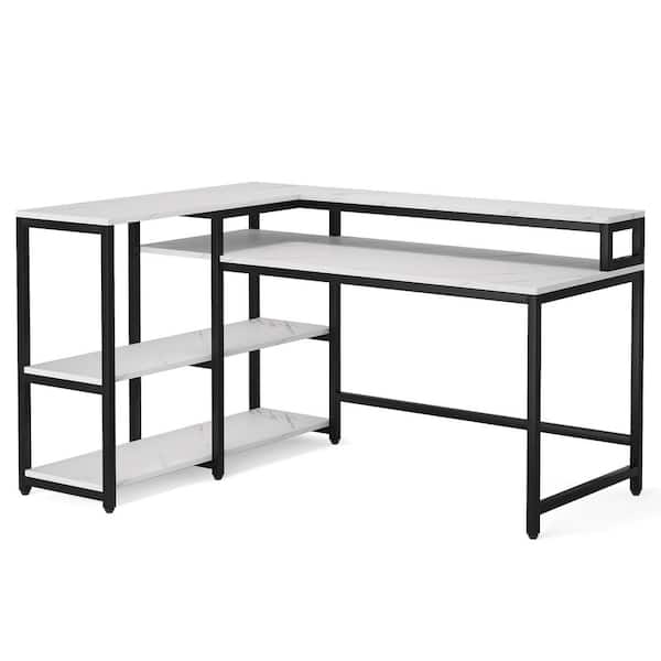 TRIBESIGNS WAY TO ORIGIN Ariana 55 in. L-Shaped Black Metal White Wood Top Corner Computer Desk with Monitor Stand and Storage Shelf