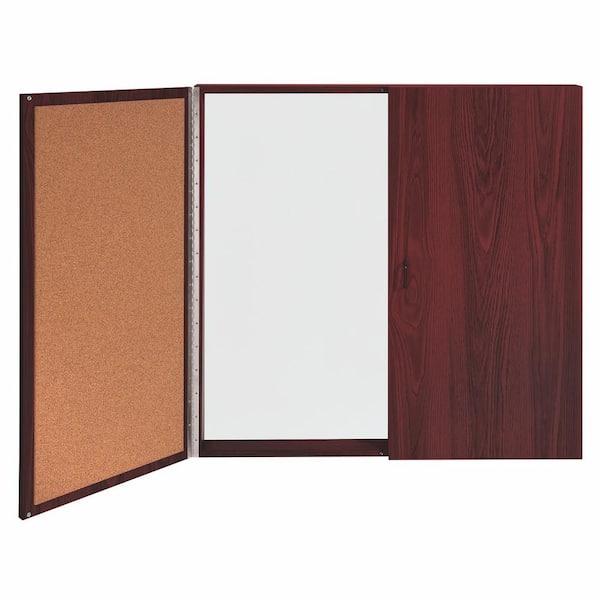4 x 4 ft. Porcelain Whiteboard Cabinet, Mahogany Laminate Frame, White