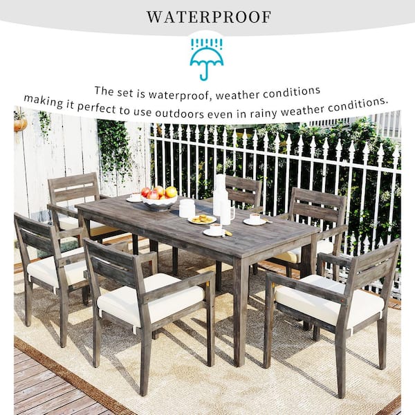 URTR Gray 7 Piece Wood Outdoor Dining Set with Table and 6 Armchairs Patio Conversation Set Seats 6 People Beige Cushion HY03274Y The Home Depot