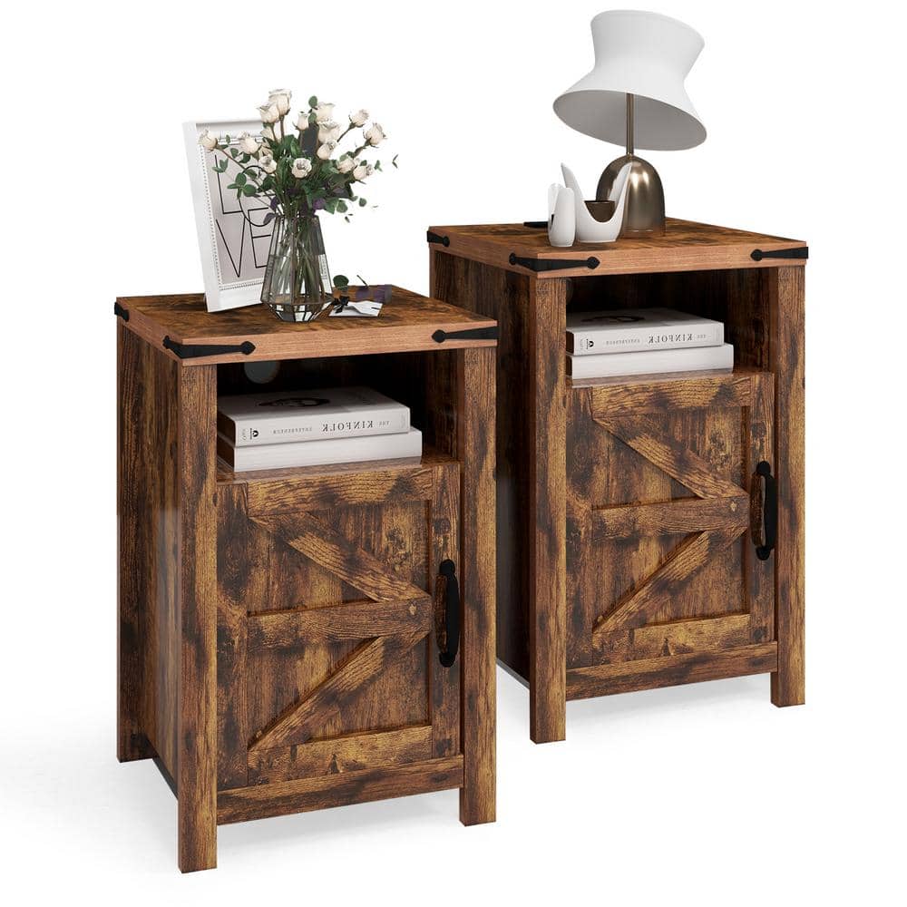 Brown Farmhouse Nightstand Set with Charging Station and Barn Door