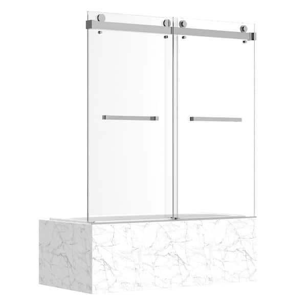 Catalyst 60 in. W x 66 in. H Double Sliding Frameless Tub Door in Chrome with 3/8 in. Etched Glass