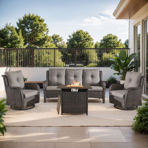 moosprr 4-Piece Brown Wicker Fire Pit Conversation Set with Olefin Gray Cushions and 2 Swivel Glider Chairs and Sofa