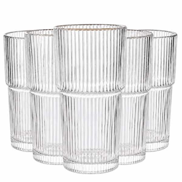 20 oz Ribbed Fluted Clear Glass Tumblers Origami Vintage Style Set of 6 for Water Iced Coffee Beer Cocktails