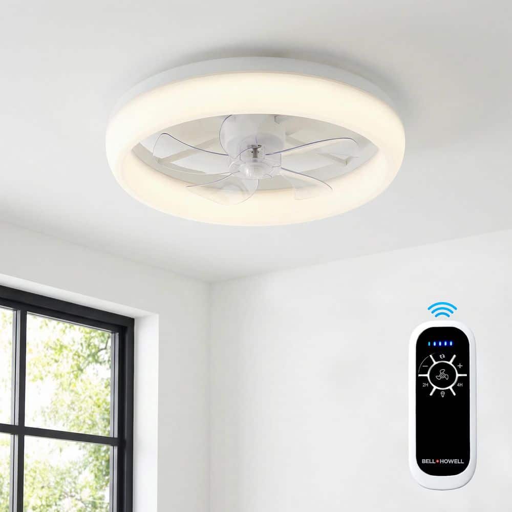 Bell + Howell - CannonX 14 in. Indoor White Ceiling Fan 3100 Lumen Bright LED Lighting 9.84 in Blade Span Flush Mount Fandelier, Remote