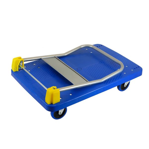 Amie 880 lb. Blue Heavy-Duty Steel Foldable Push Hand Truck, Platform Dolly with Rear Brake Wheels, Swivel Casters