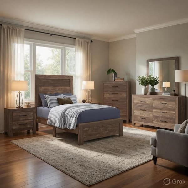 5-Piece Brown Wood King Size Bedroom Set with Bed, 2 Nightstands, Dresser and Chest