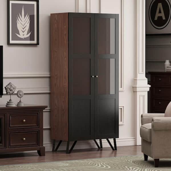 70.7 in. H Brown Wood Storage Cabinet with 3-Tier Shelves and 2 Doors Cabinet Bookshelf Cupboard