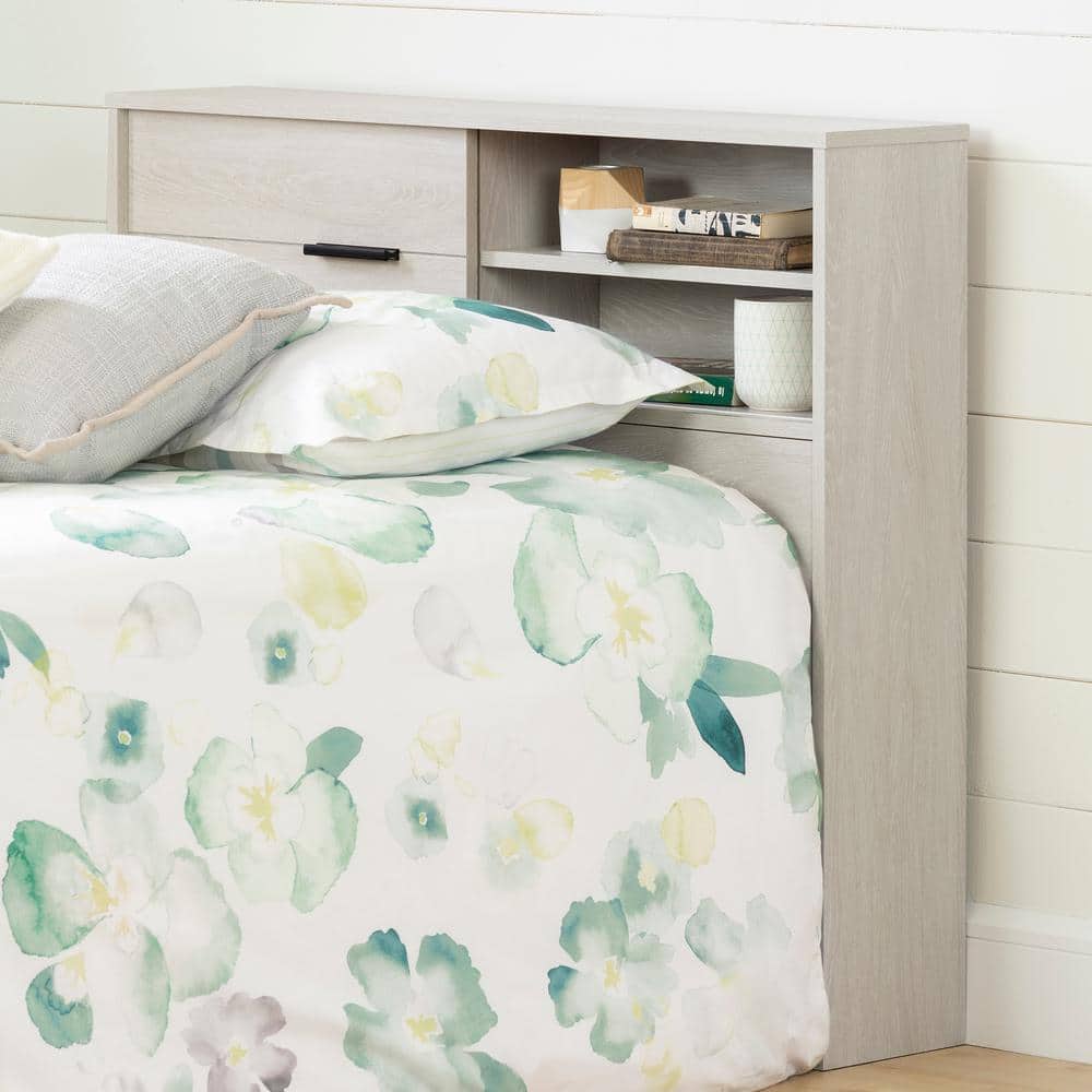 Winter Oak Twin Bookcase Headboard with Sliding Storage
