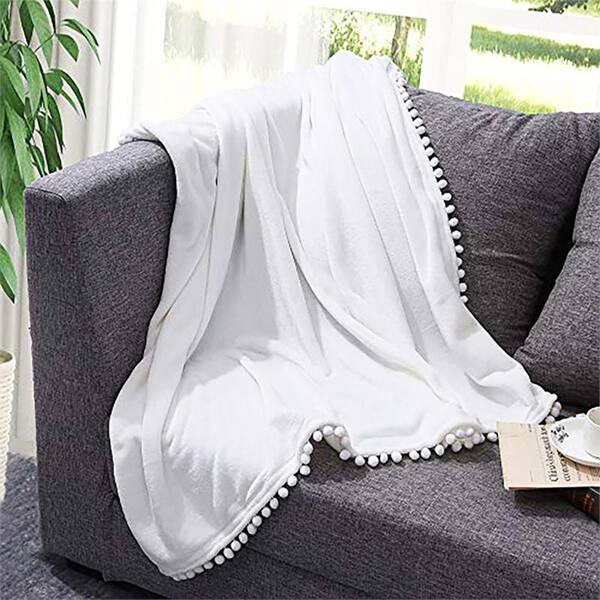 NexHome White 50 in. x 60 in. Lightweight Soft Microfiber Throw Blanket with Pom Pom Fringe
