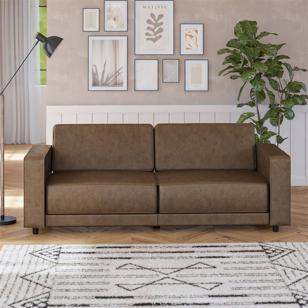REALROOMS Allie Faux Leather 82 in. Futon Sofa Bed, Brown 2621209
