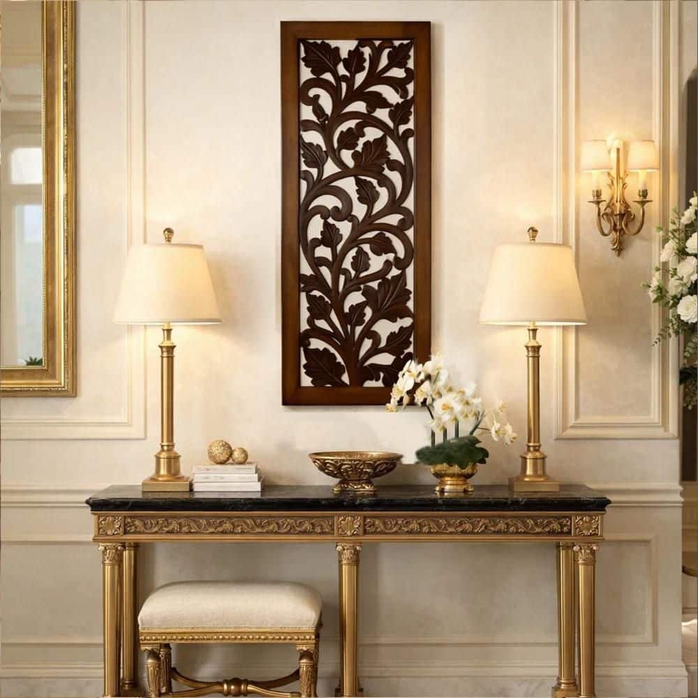 Benjara Brown Wooden Wall Panel with Leaves Wooden Wall Panel