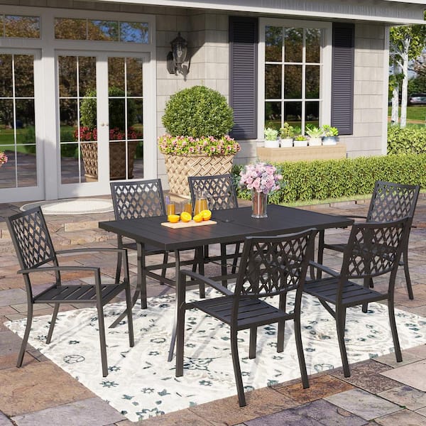 PHI VILLA 7-Piece Metal Outdoor Patio outdoor Dining Set with Rectangle Table and Elegant Stackable Chairs