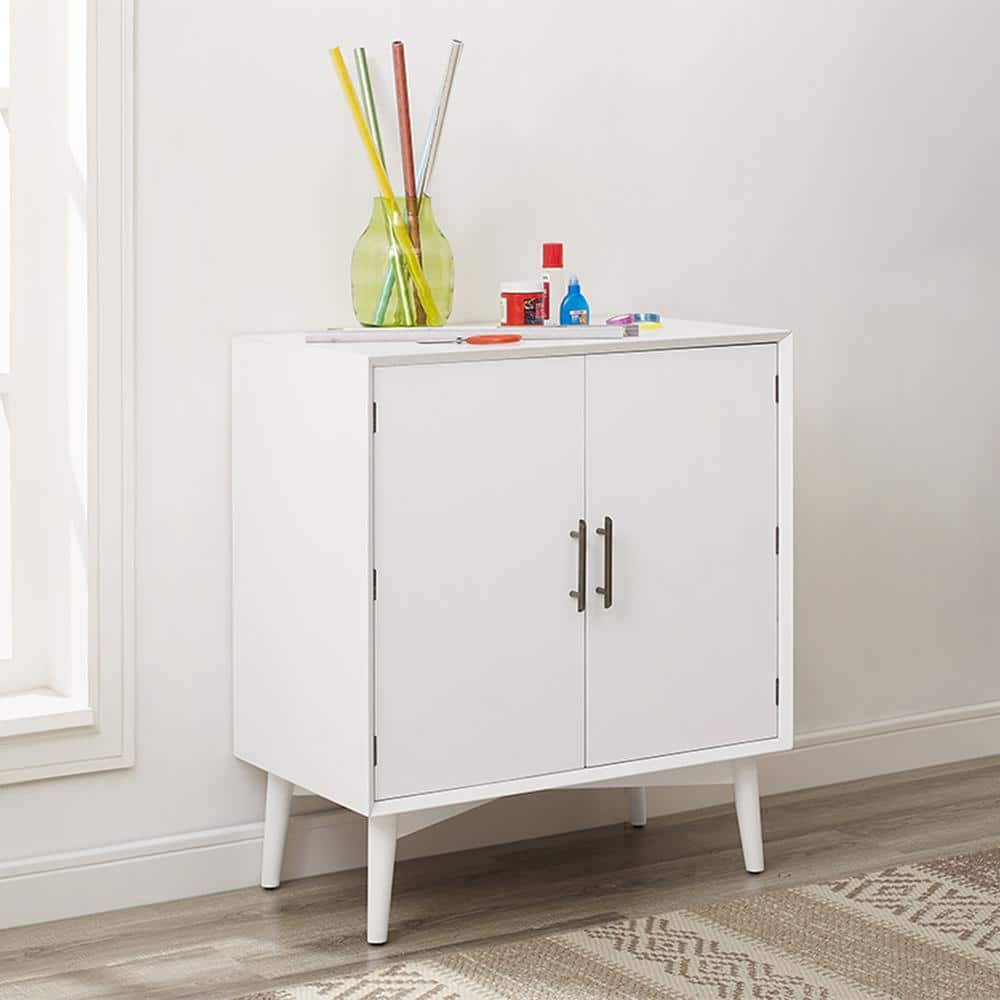 Landon Mid-Century White Bar Cabinet with Antique Brass Handles