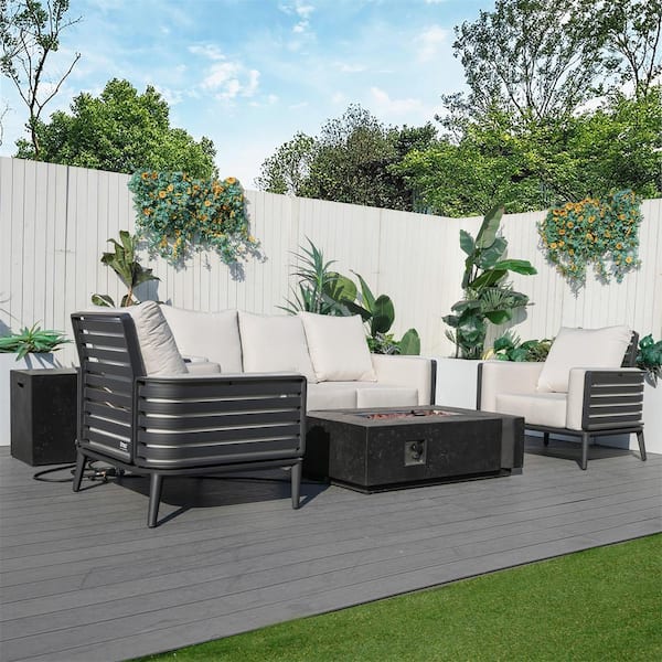 DIRECT WICKER Inquirie 5-Piece Aluminum Patio Conversation Set with Beige Cushions, Black Rectangle Concrete Fire Pit Table